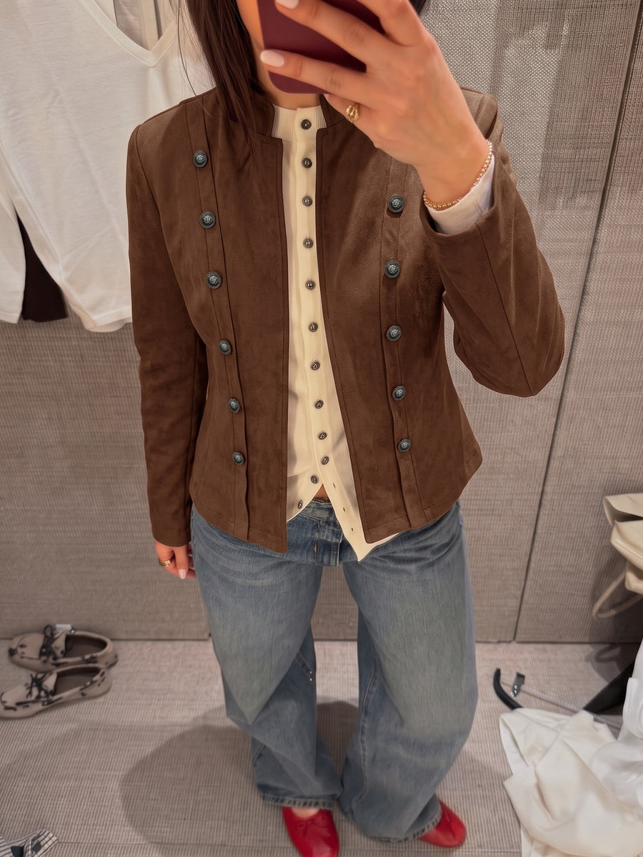 94% polyester, 6% elastane Care instructions: Machine wash cold jacket in cognac with fitted silhouette