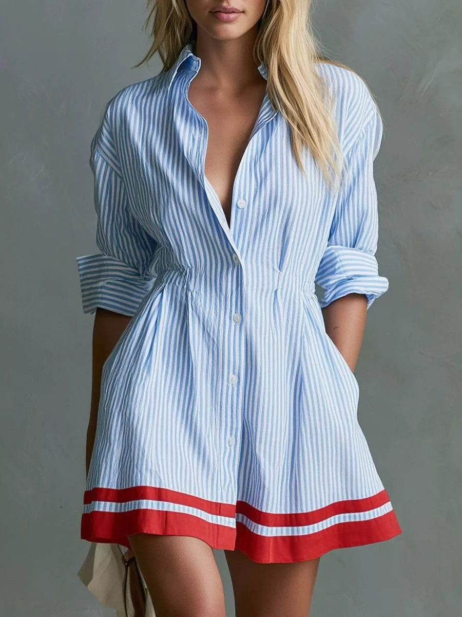 light blue shirt dress with striped and collared