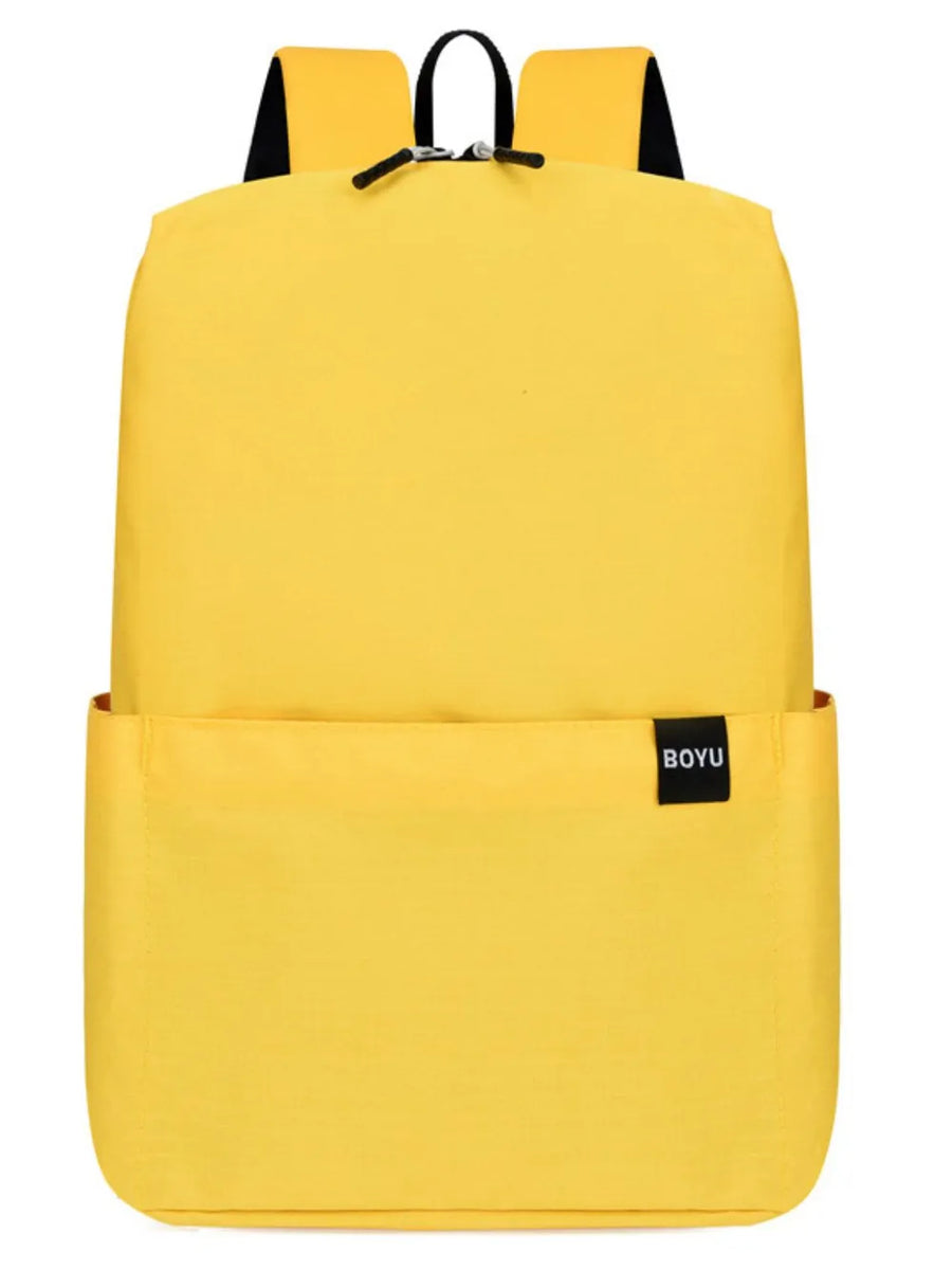 Yellow textured backpack with minimalist design and front pocket.