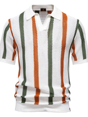 Textured stripe knit polo shirt with open collar in white, burnt orange, and green.