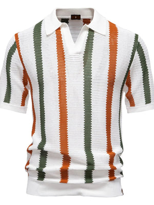 Textured stripe knit polo shirt with open collar in white, burnt orange, and green.