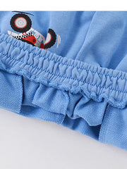 Blue toddler shorts with elastic waist and ATV print detail.