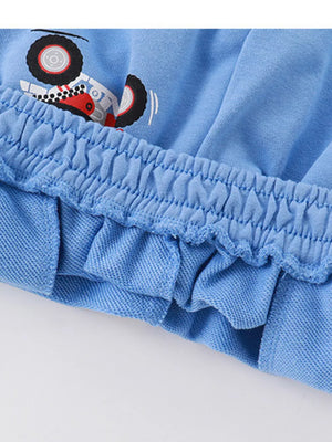 Blue toddler shorts with elastic waist and ATV print detail.