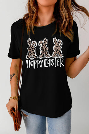 Black t-shirt with leopard print bunnies and Hoppy Easter graphic