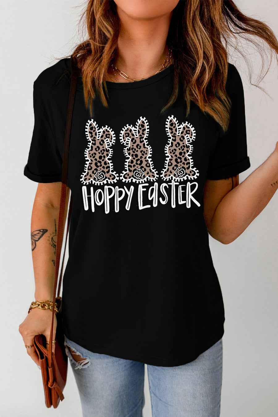 Black t-shirt with leopard print bunnies and Hoppy Easter graphic