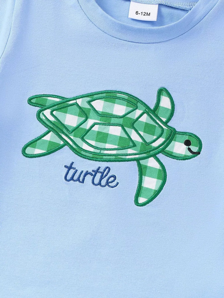 Children's Turtle Round Neck Top And Gingham Shorts Set option 3