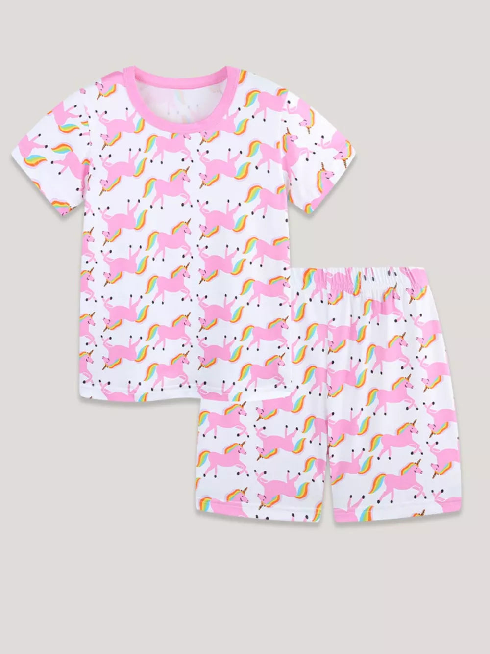 Girls' unicorn print tee and shorts set with pink trim.