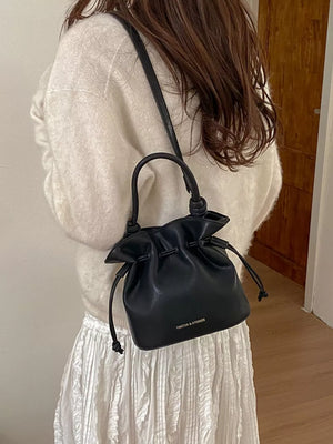 Black with Drawstring Bucket Crossbody Bag in Black