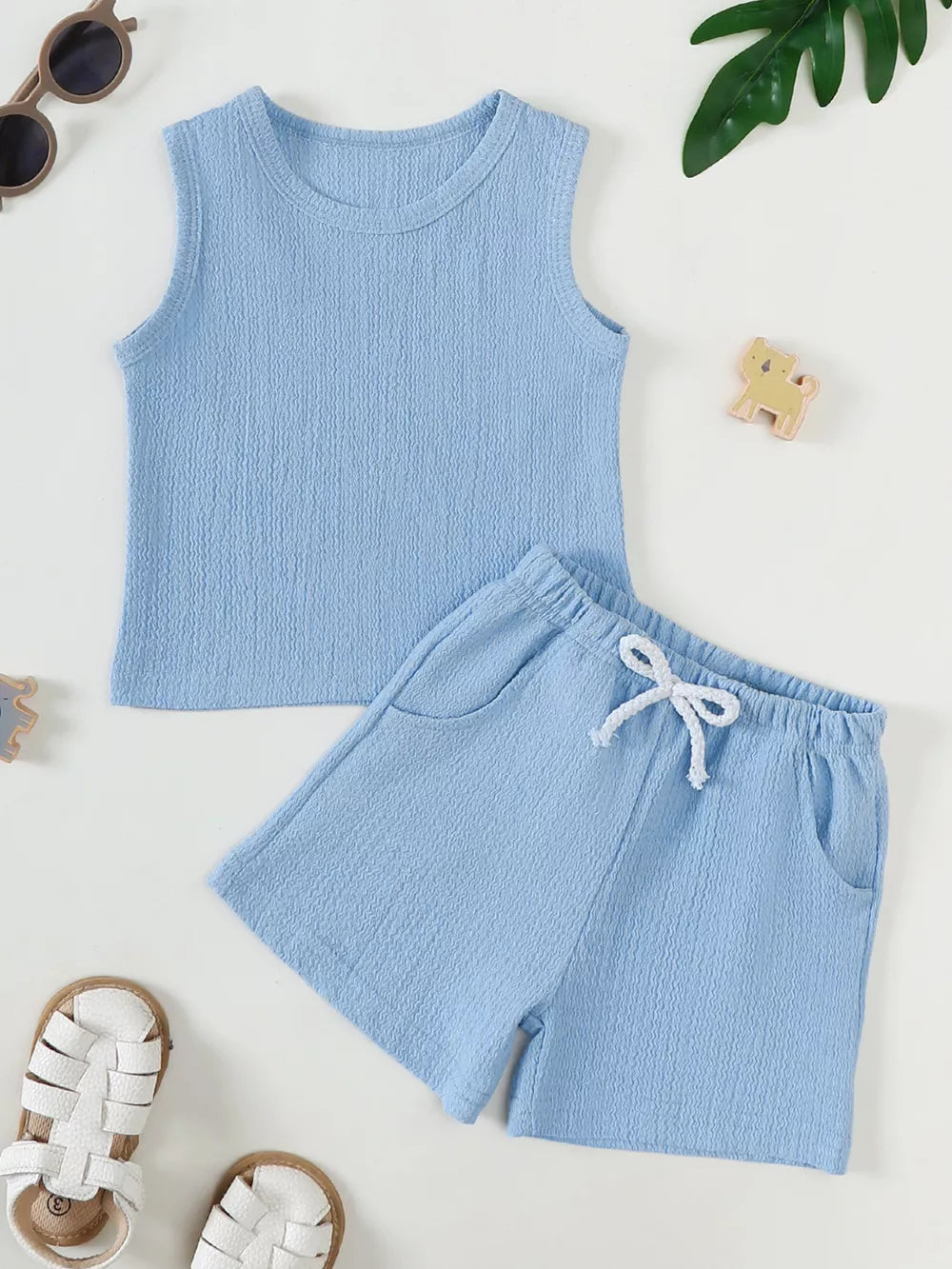 Blue ribbed baby tank top and shorts set with drawstring waist
