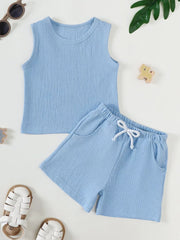 Blue ribbed baby tank top and shorts set with drawstring waist