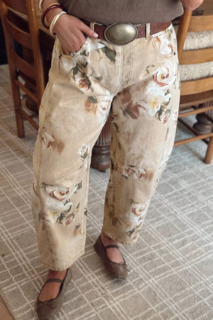 Beige with Retro Floral Print Relaxed Barrel Jeans