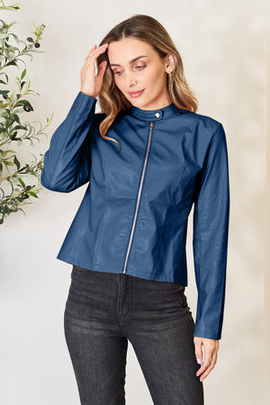 Faux leather biker jacket in French Blue with a mock neck and rose gold zipper.