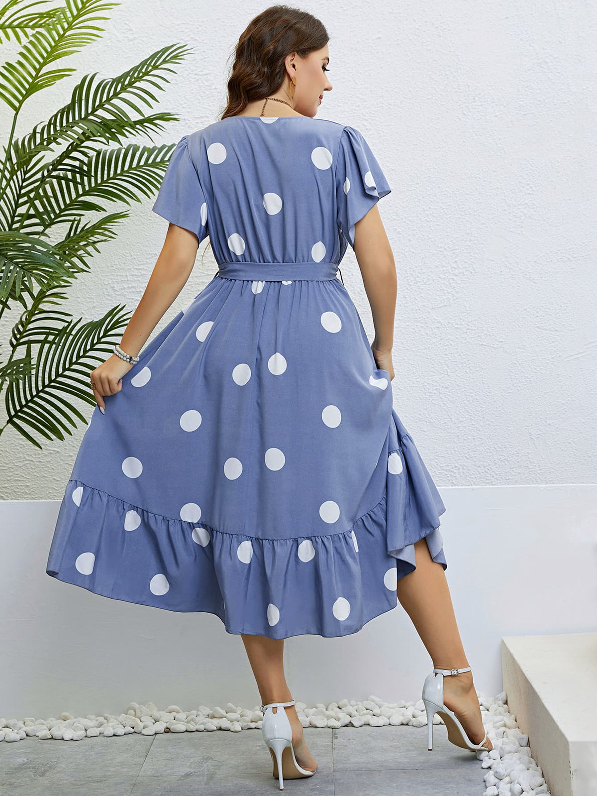 Cerulean polka dot midi dress with flutter sleeves and ruffled hem