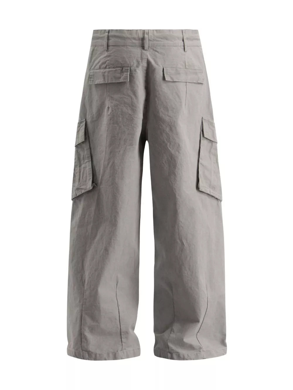 Grey wide-leg cargo pants with multiple flap pockets and a relaxed fit.