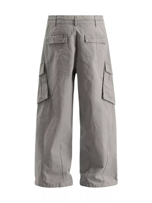 Grey wide-leg cargo pants with multiple flap pockets and a relaxed fit.