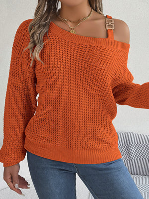 Asymmetrical Neck Long Sleeve Sweater in Burgundy with ribbed