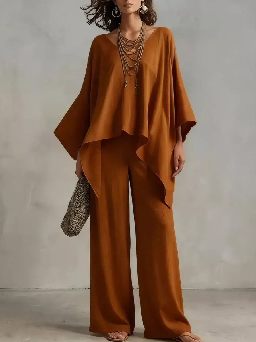 100% polyester Care instructions: Machine wash cold two-piece set in Brown with loose silhouette