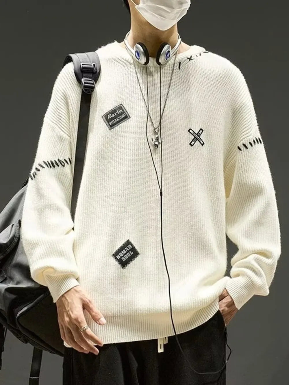 Black Men's Dropped Shoulder Long Sleeve Sweater