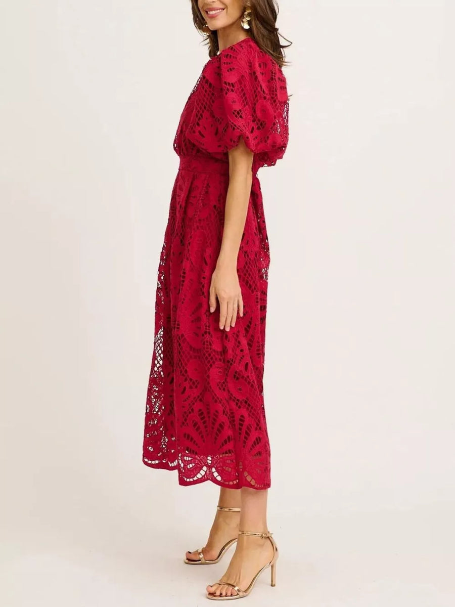 Wine red lace midi dress with puff sleeves and a fitted waist.