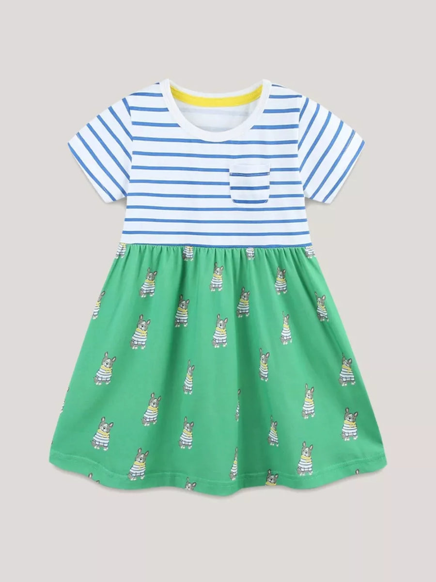 Baby dress with blue stripes, dog print on green skirt, and chest pocket.