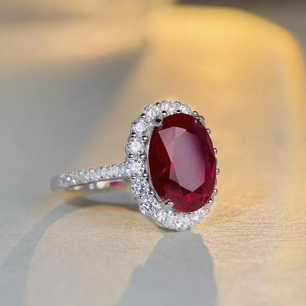 925 Sterling Silver Ring With Oval Diamond Accents in Deep Rose with oval cut