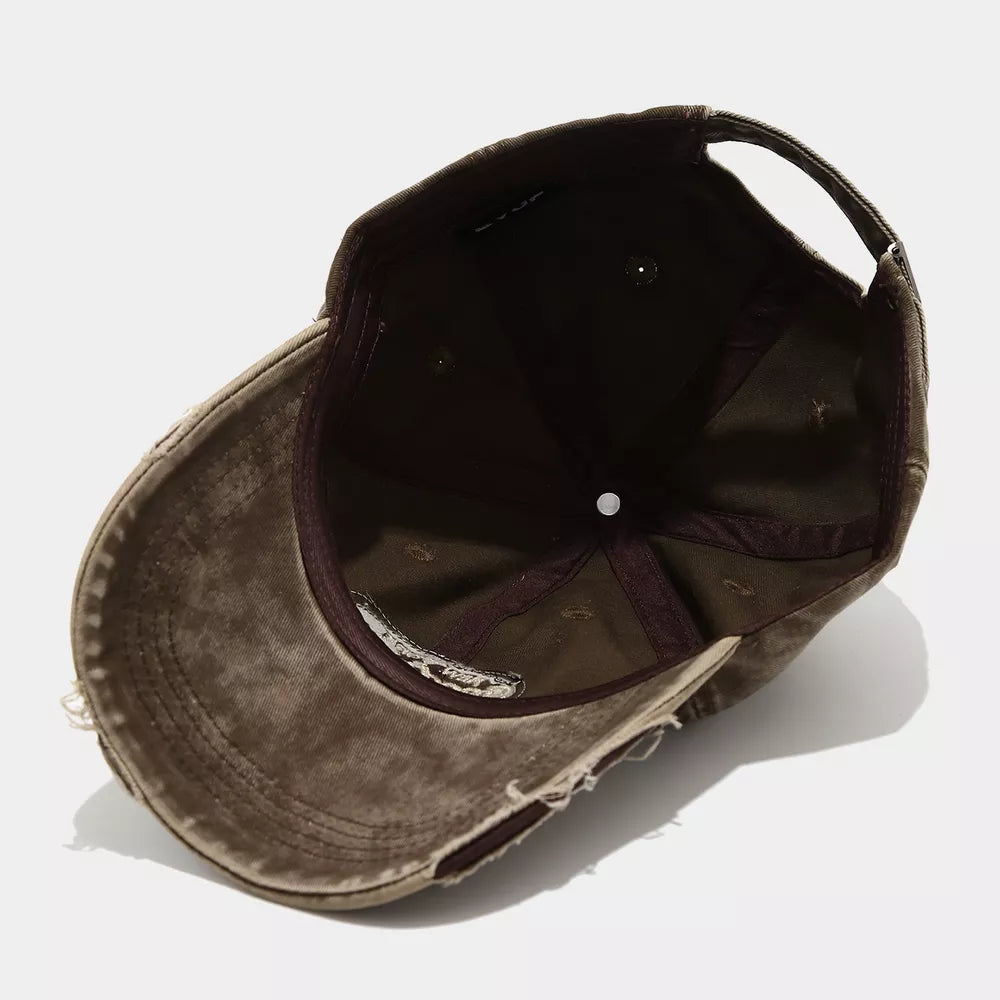 Distressed Washed Cotton Baseball Cap in khaki with distressed
