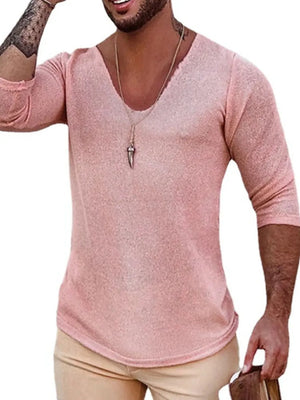 Textured slouchy v-neck knit top in dusty pink with 3/4 sleeves.