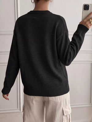 Decor Button-placket Ribbed Knit Sweater in Black with decorative buttons