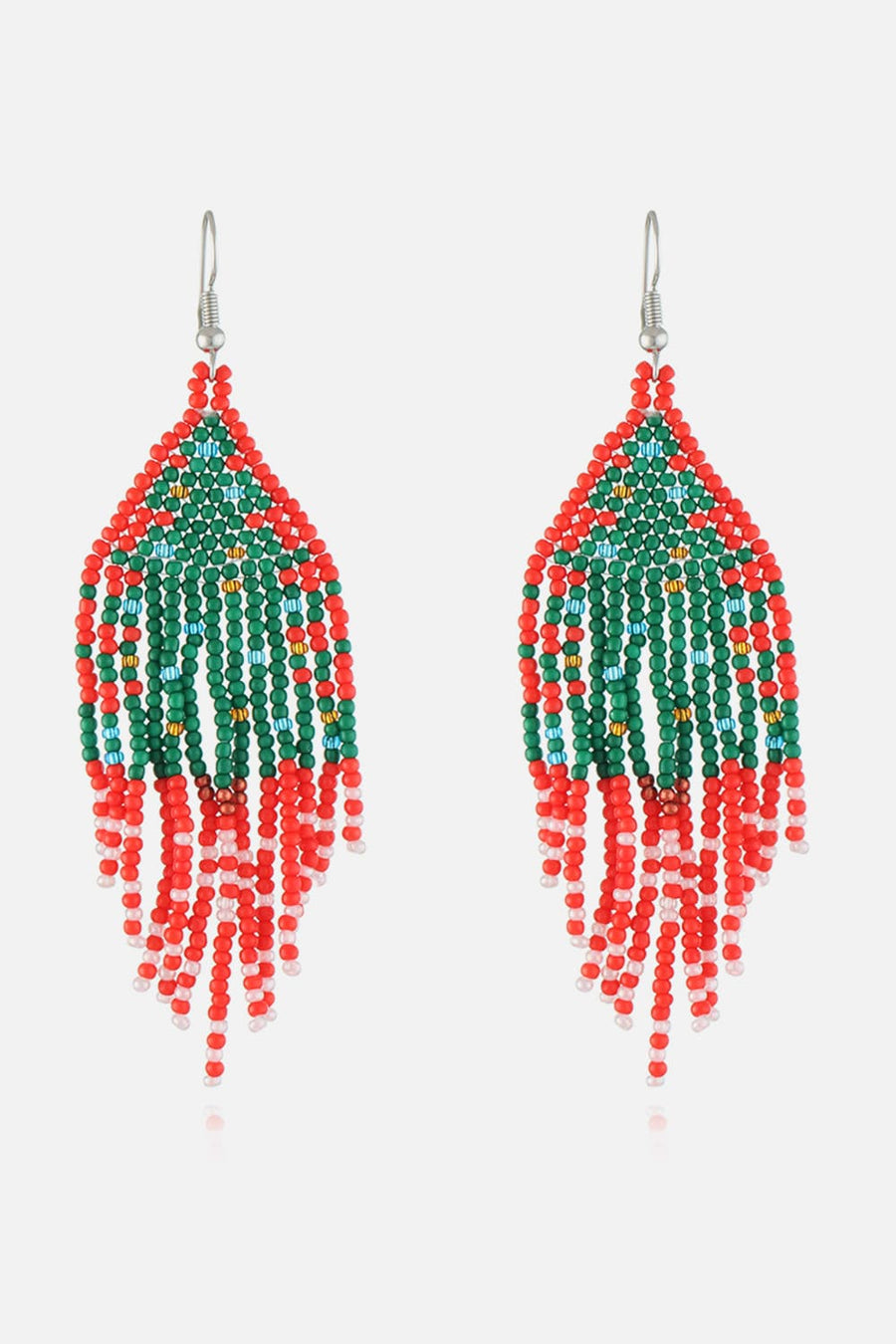 Beaded Christmas tree drop earrings in red, green, and white with gold and blue accents.