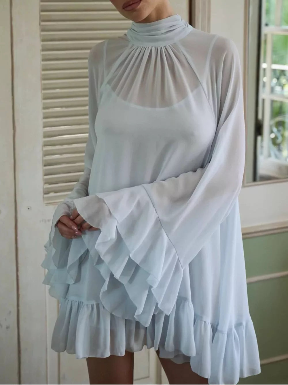 Sheer Mock Neck Flare Sleeve Dress in Sky Blue