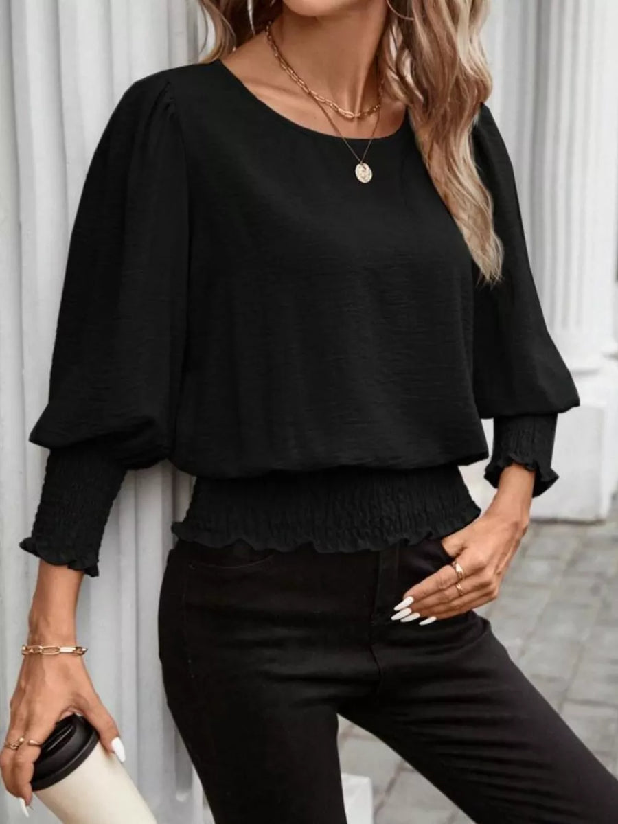 Puff Sleeve Smocked Blouse in Khaki, view 14