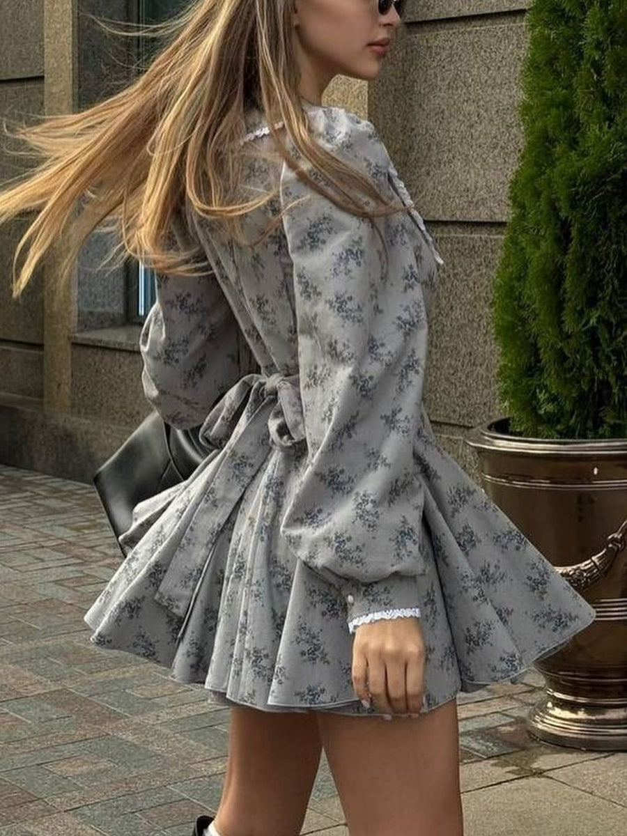 dark grey mini dress featuring buttoned and ditsy floral