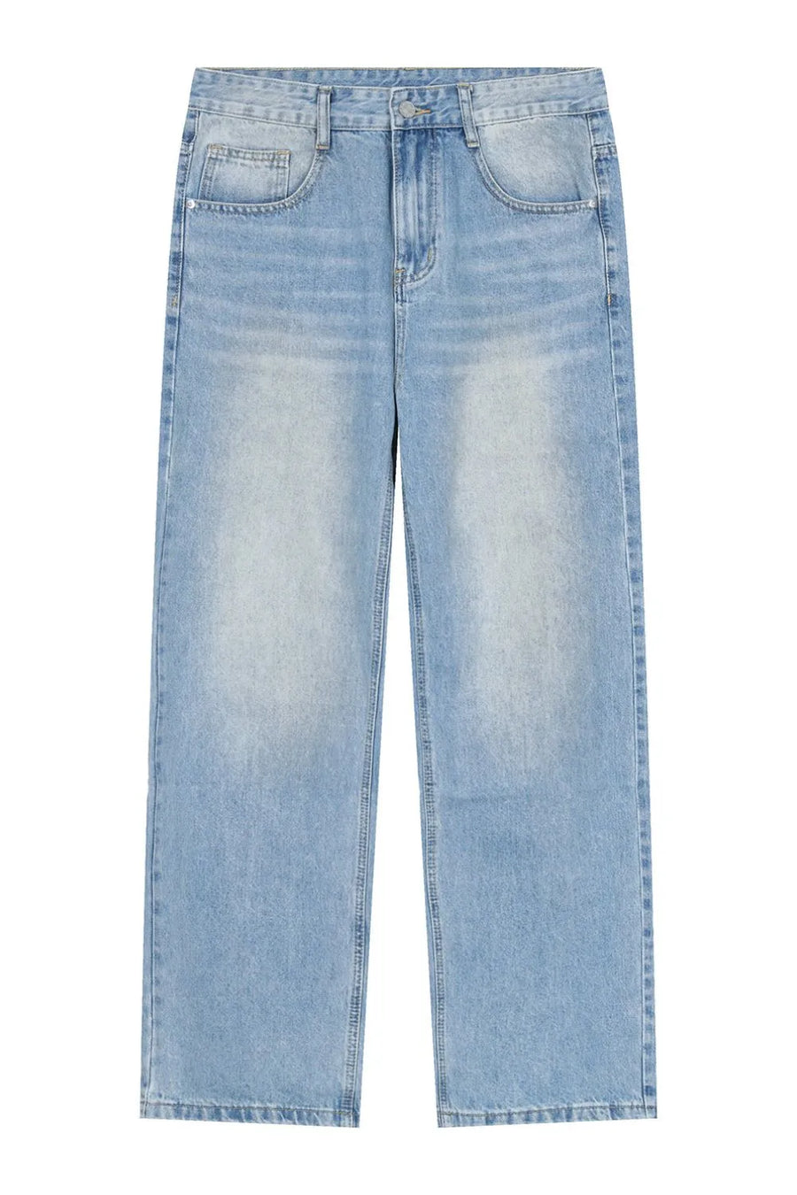 Faded wash relaxed fit jeans in medium blue denim with a straight leg cut.
