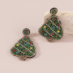 Festive tree dangle earrings in dark green, beaded with colorful crystals and alloy accents.