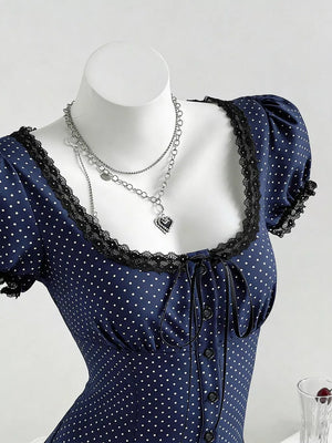 Pink Purple with Polka Dot Lace Trim Puff Sleeve Top