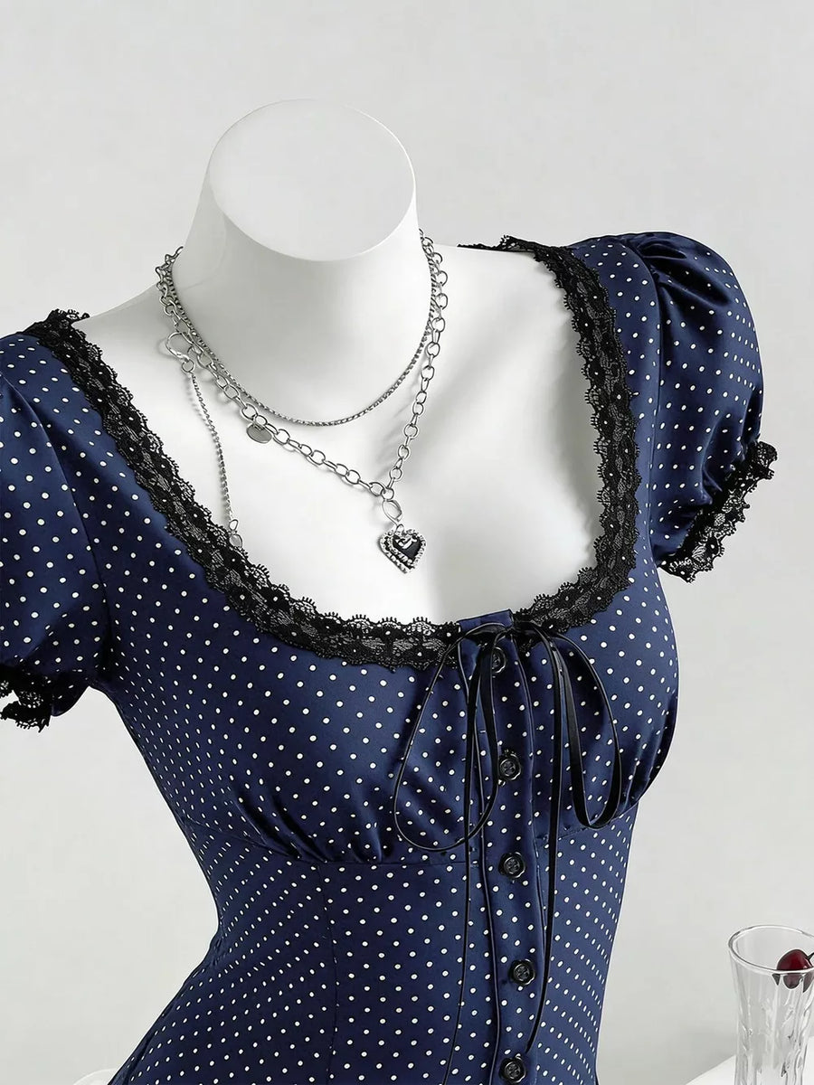 Pink Purple with Polka Dot Lace Trim Puff Sleeve Top