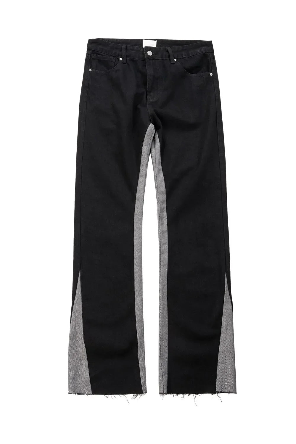 Black cotton bootcut jeans with contrast grey side panels and raw hems.