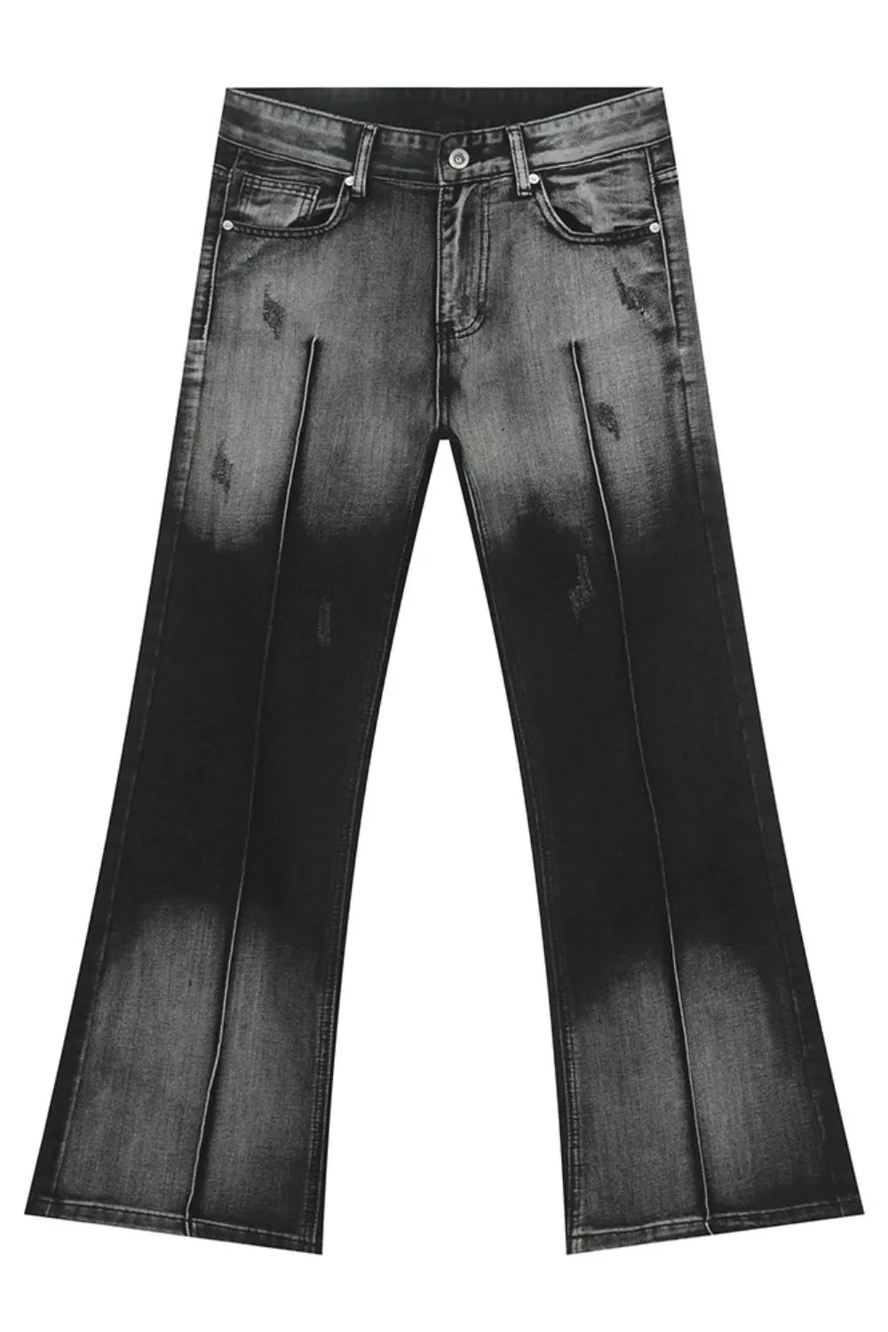 Dark faded flare jeans with front pleat detail and distressed accents.