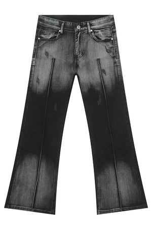 Dark faded flare jeans with front pleat detail and distressed accents.