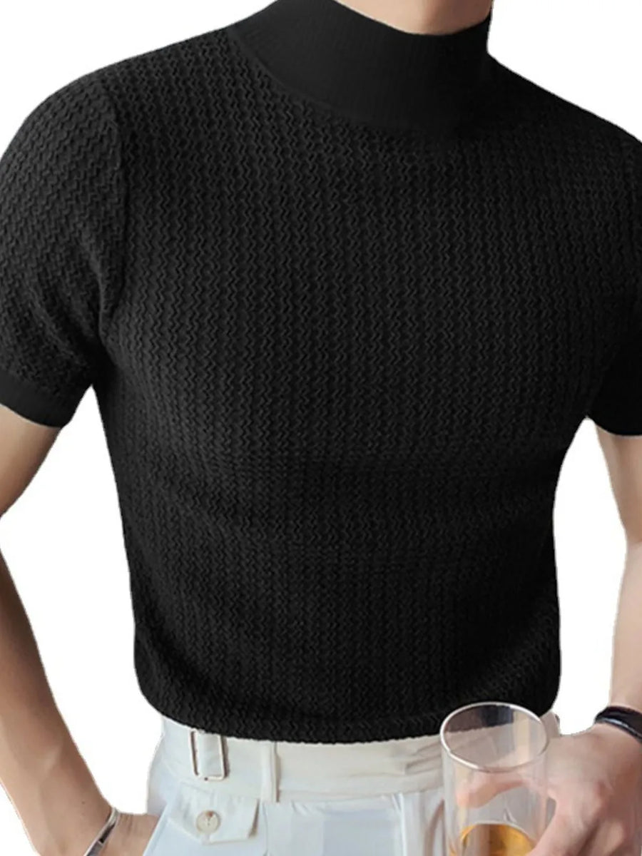 Black textured knit mock neck short sleeve tee with a subtle wave pattern.