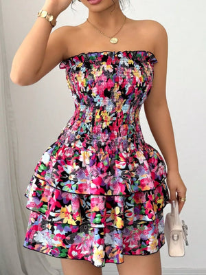 Color with Strapless Smocked Floral Tiered Mini Dress in Color