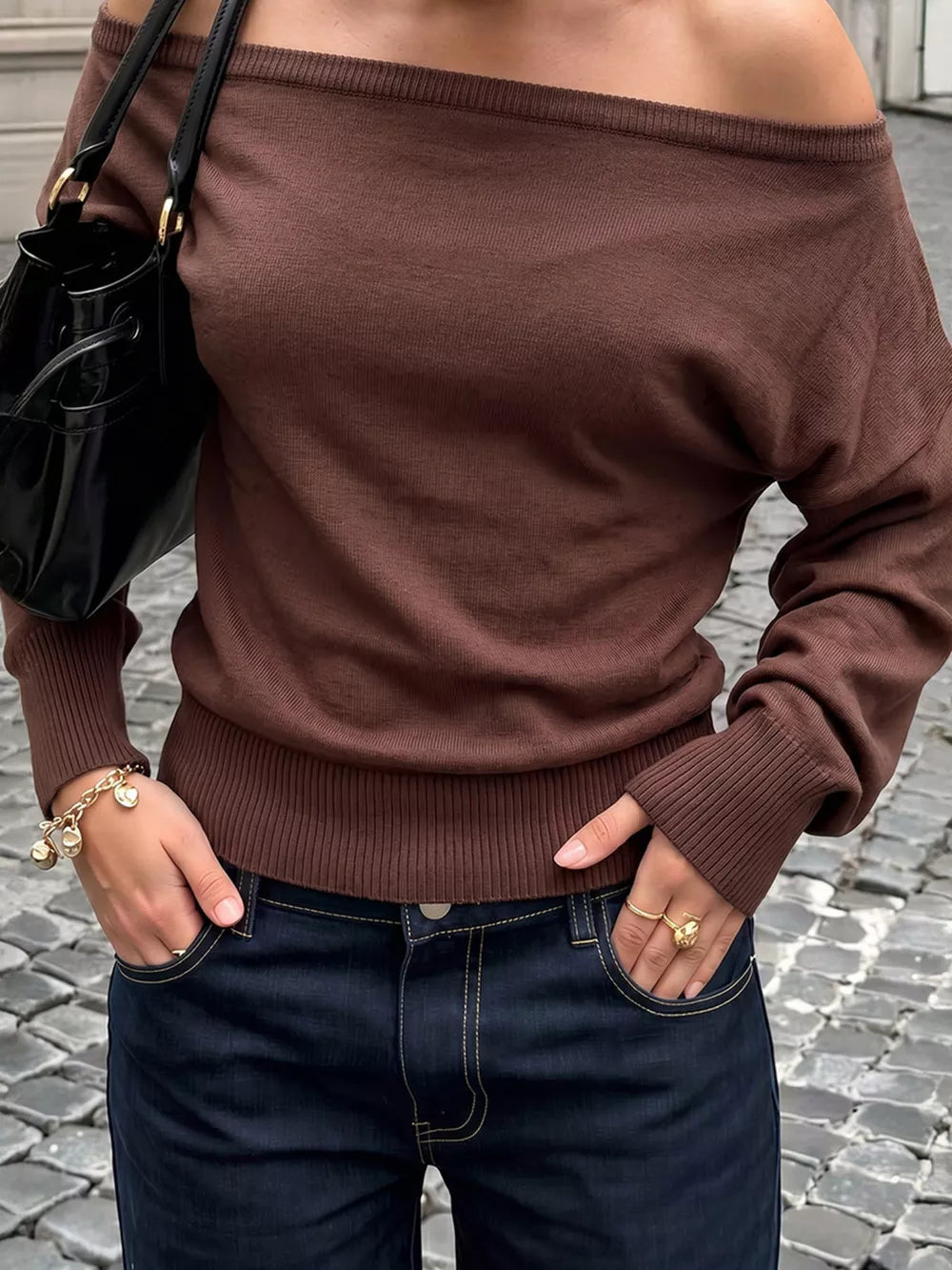 pullover sweater in chocolate brown featuring stretch and relaxed fit