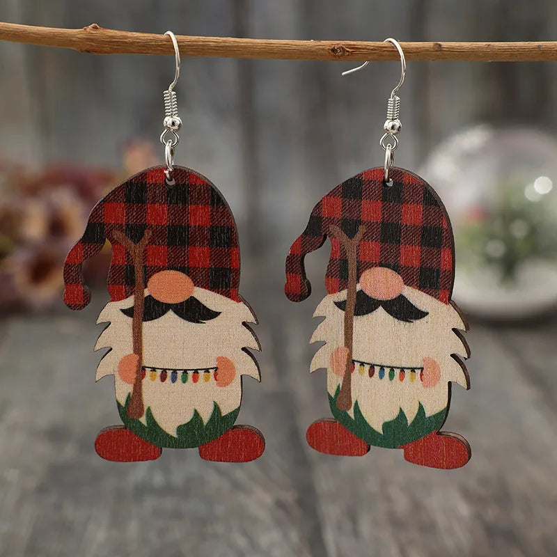 Plaid gnome dangle earrings in deep red wood with colorful lights and a stick.