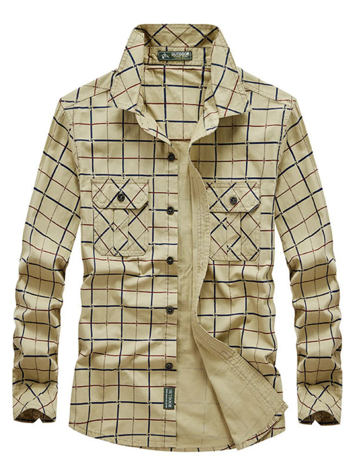 Plus-size khaki plaid long-sleeve buttoned shirt with dual chest pockets.