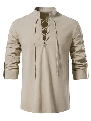 Khaki linen lace-up shirt with mandarin collar and rolled sleeves