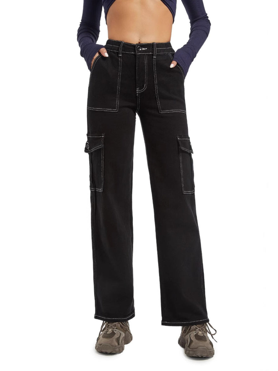 High-Waisted Cargo Jeans in White with buttoned
