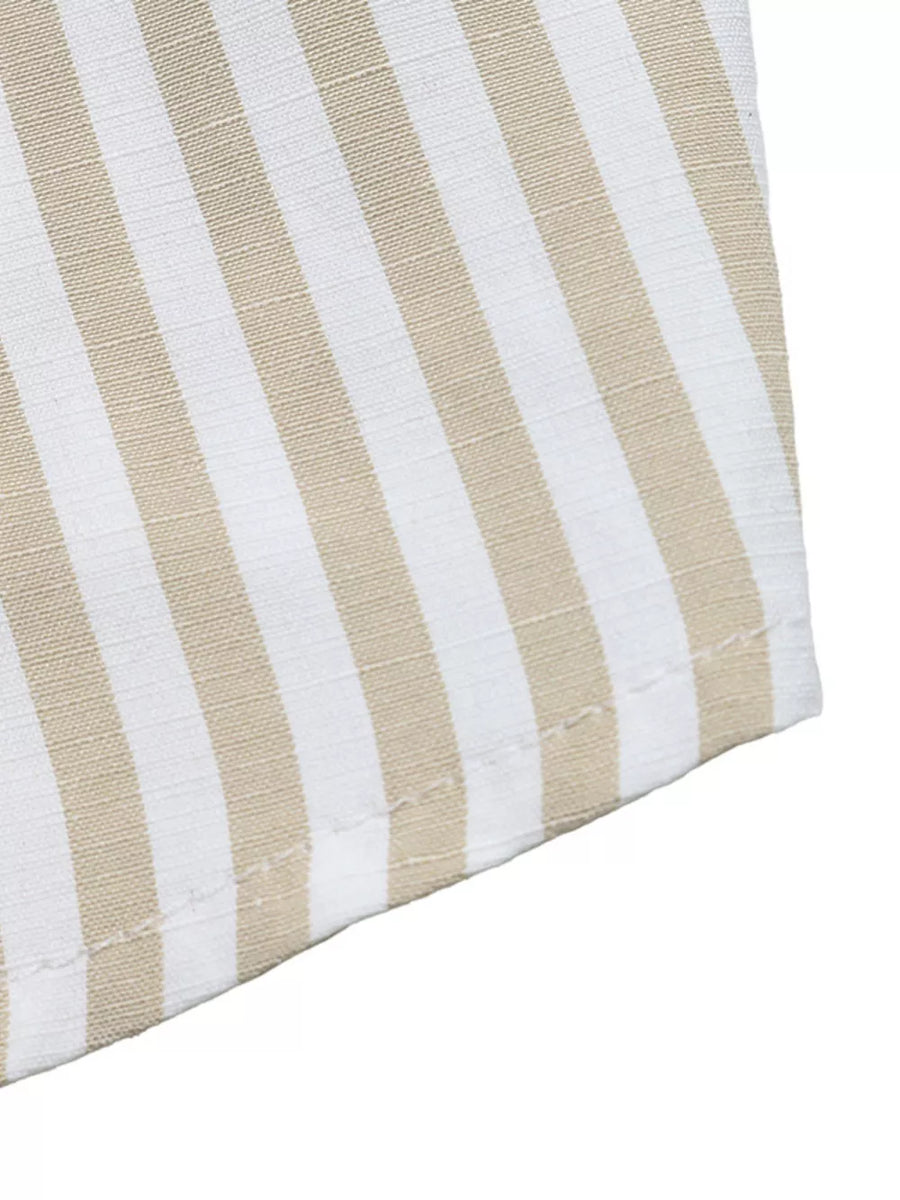 Chic striped cotton two-piece set with beige and white vertical stripes.