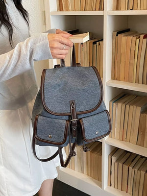 Casual Denim Flap Backpack in denim blue with flap pockets