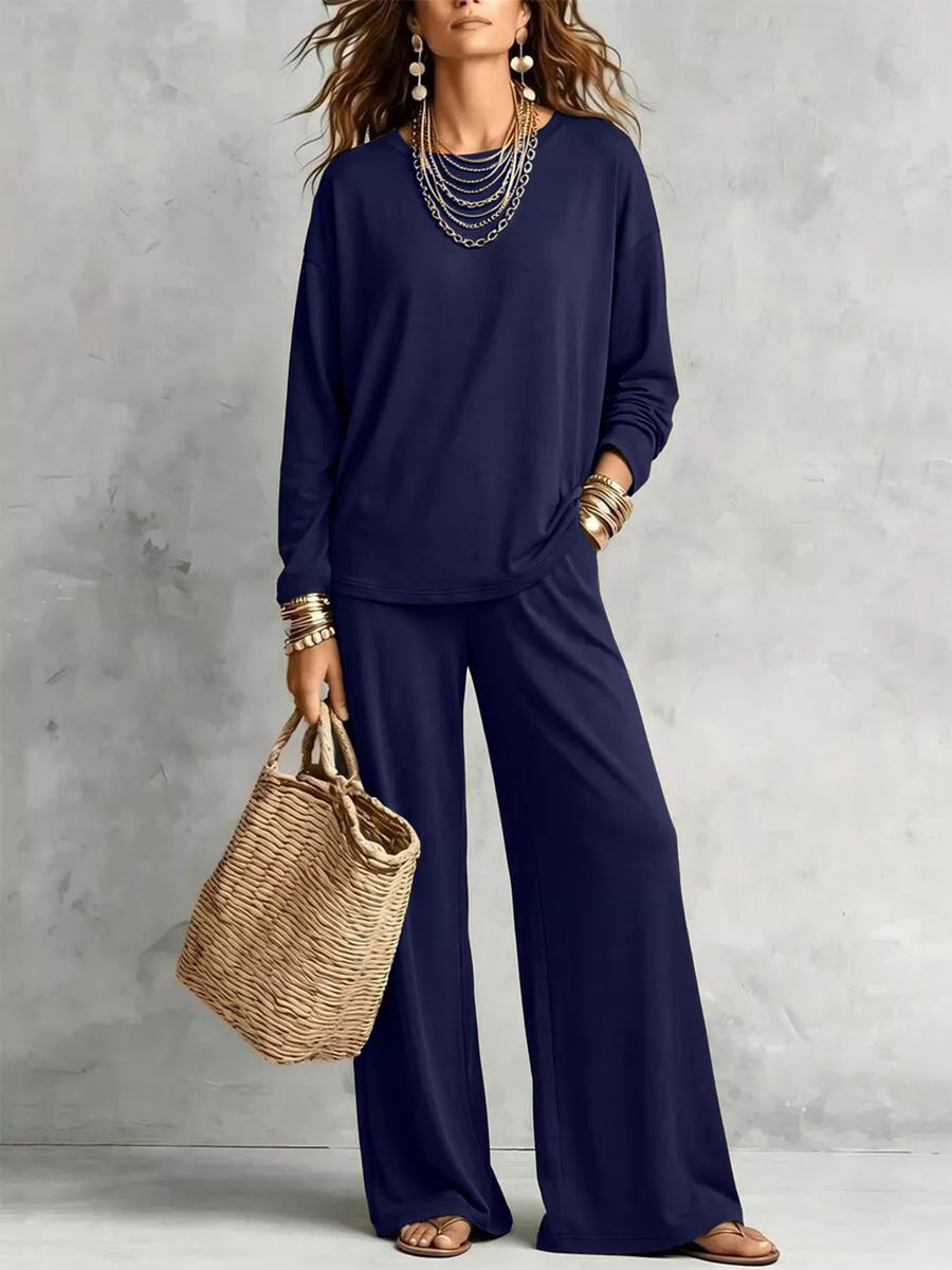 Round Neck T-shirt And Wide-leg Pants Set in Brown with pocketed