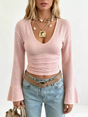 Slim Fit Flare Sleeve Top in Orange with waffle-knit